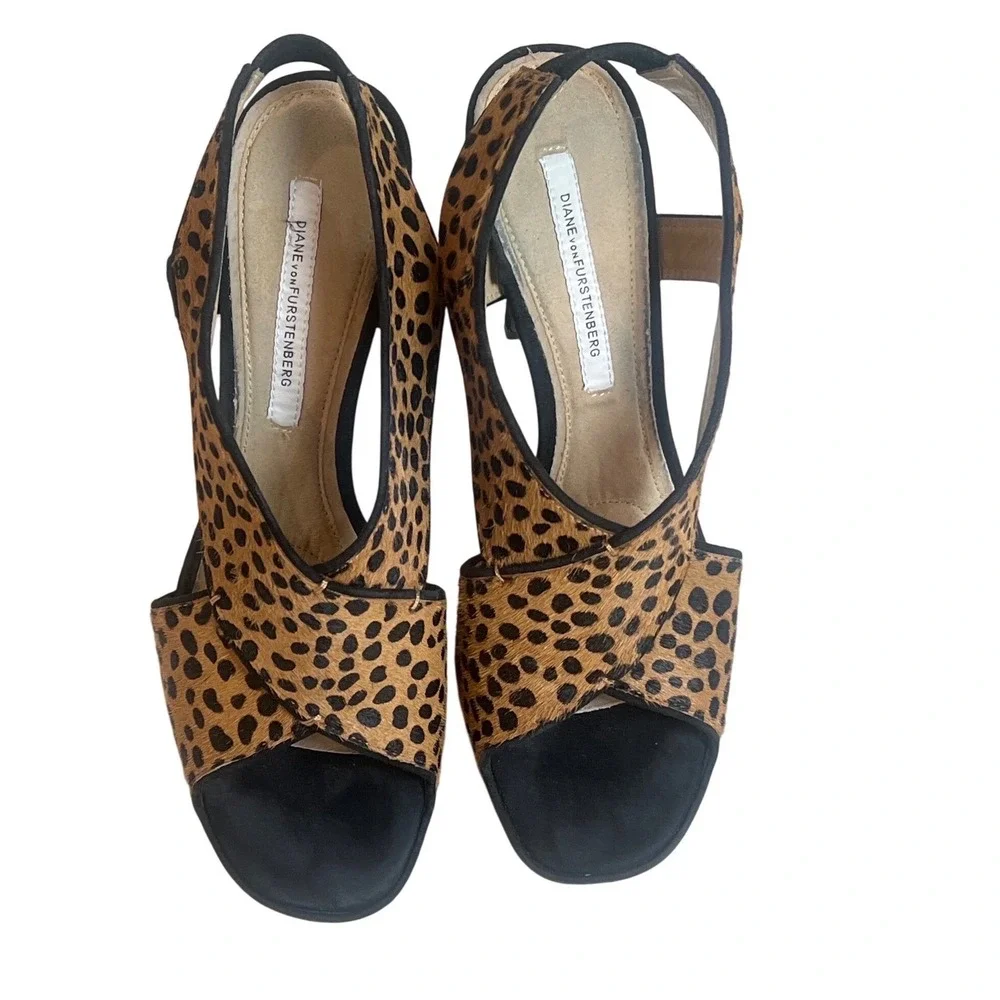 Diane von Furstenberg Leopard Calf Hair Platform‎ Slingback Heels Womens 8.5M